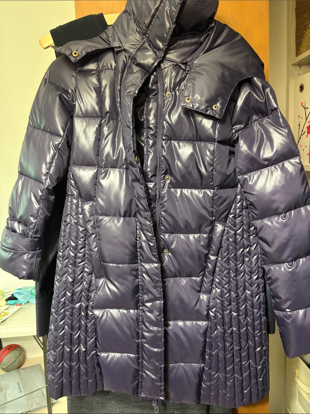 Shiny Quilted Long Puffer Coat in Navy
